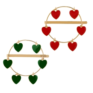 Barrettes à cheveux vintage avec cœurs en émail rouge et vert sur anneaux métalliques dorés