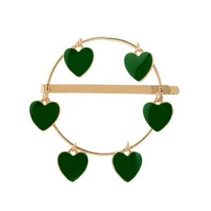 Barrette dorée ronde ornée de six pendentifs cœurs en émail vert foncé de style rétro