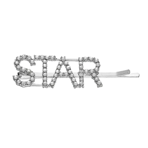 Detailed close-up of a silver STAR hair clip featuring sparkling inlaid rhinestones