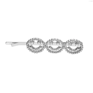 Detailed macro view of silver-tone alloy hair clip with three rhinestone-studded smiley faces