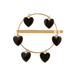 Pince à cheveux ronde dorée avec six pendentifs cœur en émail noir au style rétro minimaliste