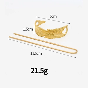 Detailed view of golden leaf hair clip set with dimensions showing alloy texture