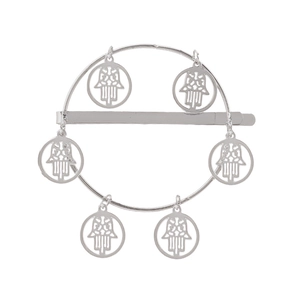 Silver Hamsa Hand charm hair clip with alloy ring and hollow metal pendants