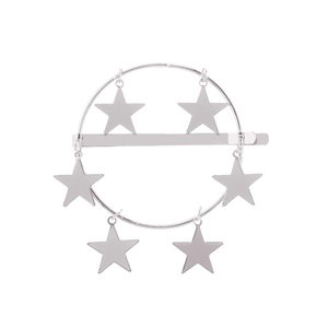 Barrette géométrique en métal argenté avec anneau circulaire et six étoiles à cinq branches