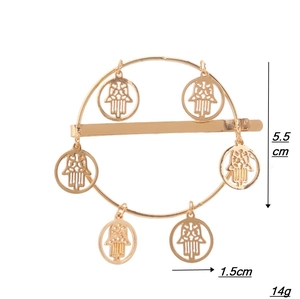 Golden Hamsa hand hair clip with circular alloy frame and six hollow hand charms