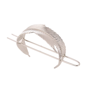 Vintage silver alloy feather hair pin accessory with textured detail on white background