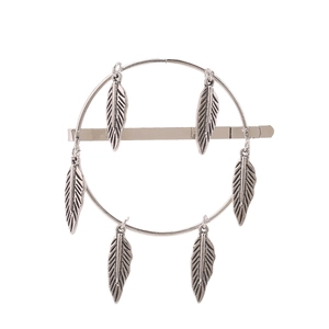 Vintage silver alloy hair clip with circular base and hanging feather charms