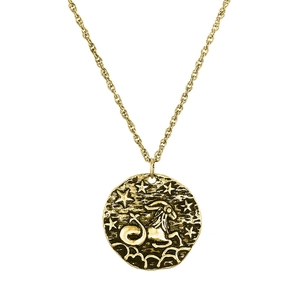 Macro d'un pendentif pièce vintage doré avec relief Capricorne et chaîne torsadée