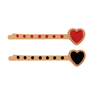 Set of two vintage punk heart hairpins in red and black with gold plating finish