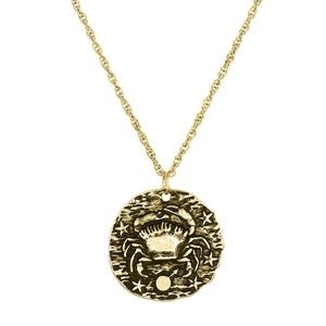 Collier médaille signe Cancer vintage en or avec relief de crabe et une chaîne de style corde