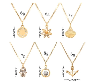 Détails des pendentifs dorés avec poids et dimensions pour colliers en alliage