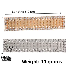 Detailed view of rhinestone metal hair clips showing 6.2cm length and 1.4cm width dimensions