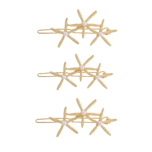Three-piece set of golden starfish hair clips with white pearls for women and girls