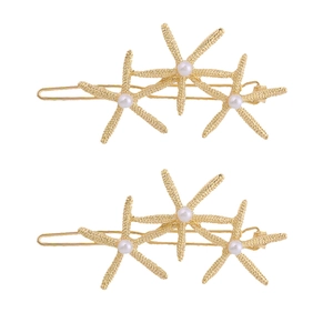 Set of two gold starfish hair clips with pearls, ocean theme minimalist hair accessories