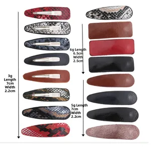 Detailed size specifications for leopard print PU leather hair clip set on white background