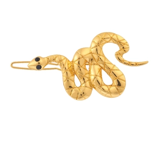 Unique gold snake hair clip with etched pattern and black gemstone eyes on white background