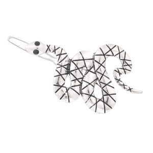 Vintage silver snake hair clip with black grid texture and crystal eyes on white background