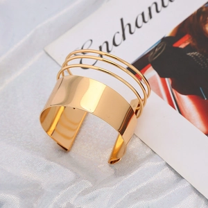Polished gold multi-layered open cuff bracelet for women in minimalist punk style