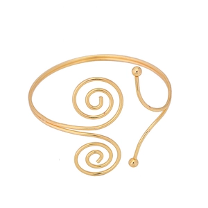 Golden double spiral upper arm cuff bracelet with an adjustable open design