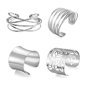 Set of four silver metal open bangles in various cross and hollow floral patterns