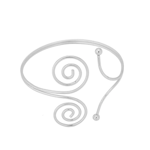 Detailed close-up of a silver spiral open armlet showing smooth metallic finish and design