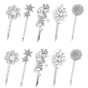 Set di 10 eleganti fermagli per capelli in argento con strass, fiori e stelle