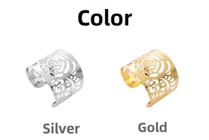 Detailed comparison of hollow rose flower wide cuff bracelets in gold and silver finish