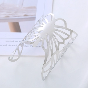 Exaggerated silver hollow butterfly cuff bracelet with open adjustable metal design