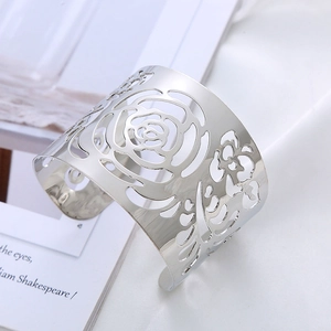 Exaggerated hollow rose flower open cuff bracelet in silver finish for women