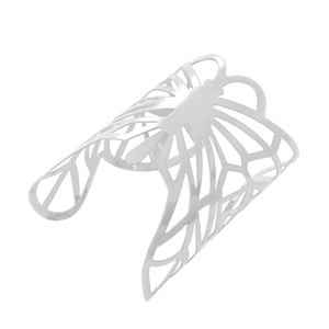 Detailed view of silver hollow butterfly wing design on a wide metallic open bangle