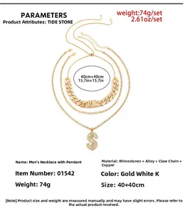 Detailed view of layered gold-plated Cuban chains with lock and dollar sign pendants