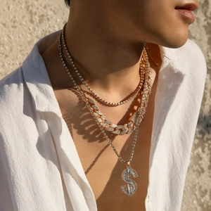 Hip Hop Mens Necklace Alloy Iced Out Cuban Link Chain Dollar Sign Pendant Tennis Chain Rhinestone Streetwear Jewelry