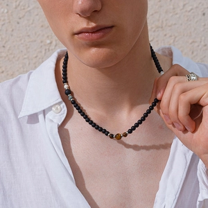 Heren Mode Tijgeroog Kralen Halsketting Mat Zwart Natuursteen Sleutelbeenketting Hip Hop Boheems Minimalistisch Retro Heren Sieraden Cadeau