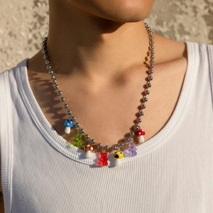 Collier Pendentif Champignon et Ours en Gomme Coloré pour Hommes Femmes Hip Hop Y2K Mode de Rue Bijoux en Résine