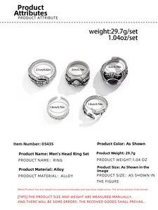 Detailed size specifications for five Gothic skull and gemstone alloy rings for men