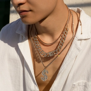 Men's Hip-hop gold Cuban link chain set with dollar sign pendant and tennis necklaces