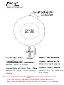 Detailed size chart for hip-hop cross necklace with dimensions 6.7x5.6cm and 61cm chain