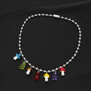 Collier à perles colorées champignons et oursons avec chaîne argentée pour hommes