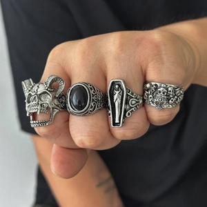 Ensemble Bagues Tête de Mort Punk Gothique Hommes Vintage Argent Vieilli Alliage Cercueil Main Squelette Bijoux Bagues
