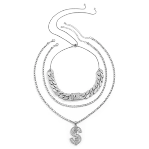Mens iced out Cuban link chain set with rhinestone dollar sign pendant in silver finish