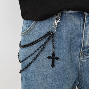 Chaîne de pantalon hip hop multicouche noir mat avec pendentif croix pour jeans denim