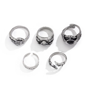 5-piece gothic punk skull ring set with black gemstone in vintage silver finish