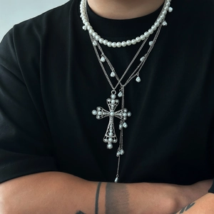 Collier Pendentif Croix en Künstliche Perles d'Imitation Multi-couches Hip Hop pour Homme Chaîne en Alliage de Fer Gothique Vintage