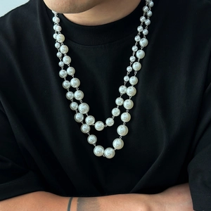 Hip Hop Double Layered Artificial Pearl Necklace Alloy Metal Clasp White Gradient Faux Artificial Pearls Retro Men Jewelry For Daily Party Wear