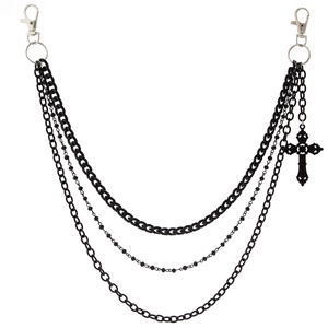 Chaîne de pantalon punk noire multicouche avec fermoirs argentés et pendentif croix