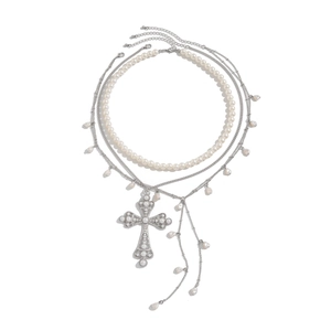 Collier multi-rangs hip hop pour homme avec perles blanches et grand pendentif croix