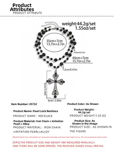 Detailed size specifications of a double-layer black beaded cross necklace for men
