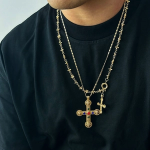 Hip hop style gold layered cross necklace with colorful gemstones for men