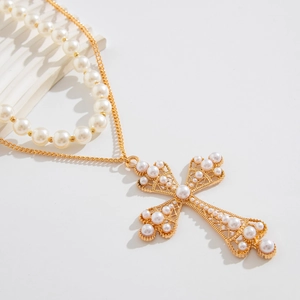 Hip-hop layered cross necklace with pearls and gold metal chain for men in retro style