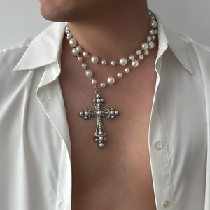 Men Gothic Baroque Double Layer Artificial Pearl Cross Pendant Necklace Zinc Alloy Rhinestone Inlaid Hip Hop Streetwear Men Women Fashion Neck Jewelry